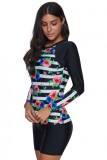 Striped Floral Patchwork Long Sleeve One-piece Swimsuit
