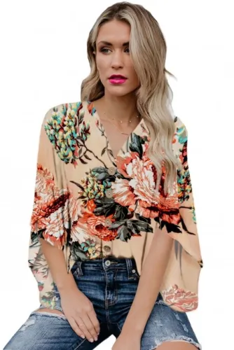 Apricot V Neck Floral Kimono Top
