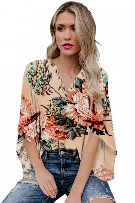Apricot V Neck Floral Kimono Top