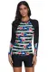 Striped Floral Patchwork Long Sleeve One-piece Swimsuit