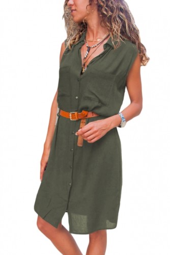 Green Pockets Buttoned Sleeveless Shirt Dress