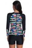 Striped Floral Patchwork Long Sleeve One-piece Swimsuit