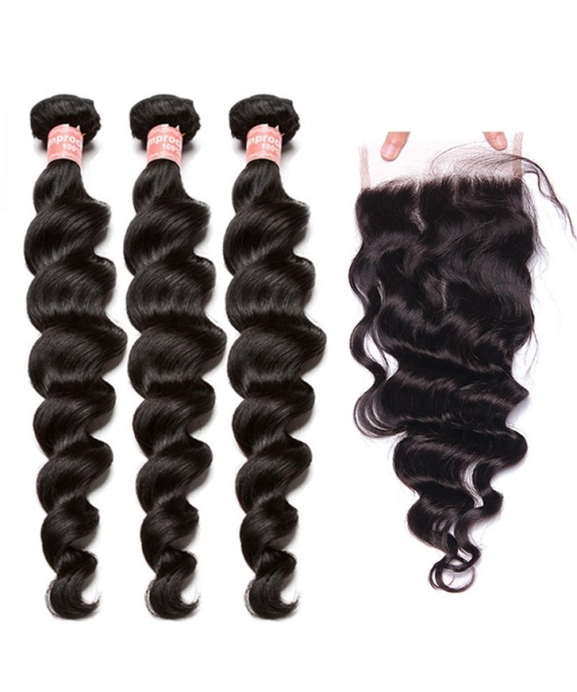 Lace Closure with 3 Bundles Loose Wave Brazilian Virgin Hair With Closure