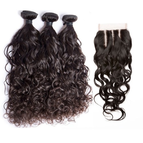 Water Wave Lace Frontal Closure with Bundles 3Pcs Lot Human Hair Weaves with Closure