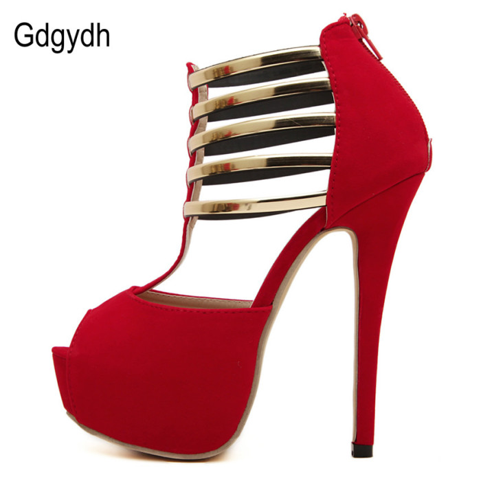 Gdgydh Wholesale 2017 summer fashion high-heeled shoes women metal decoration thin heels open toe high heels sandals Black Red