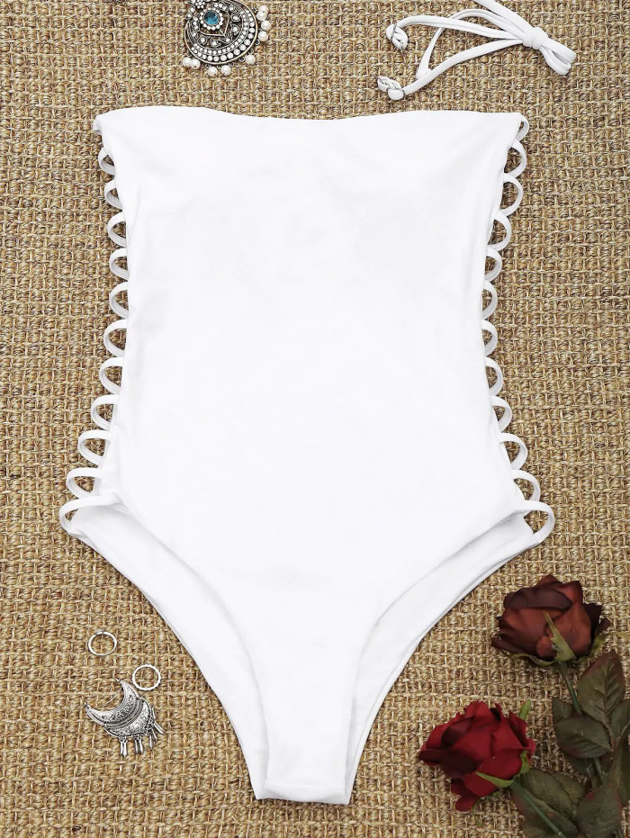Ladder Cut Bandeau Swimwear - Red