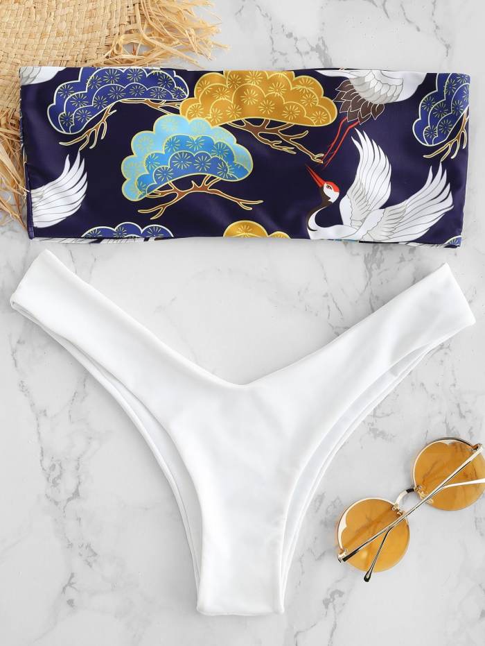 ZAFUL Birds Print Bandeau Bikini Set - Hazel Green