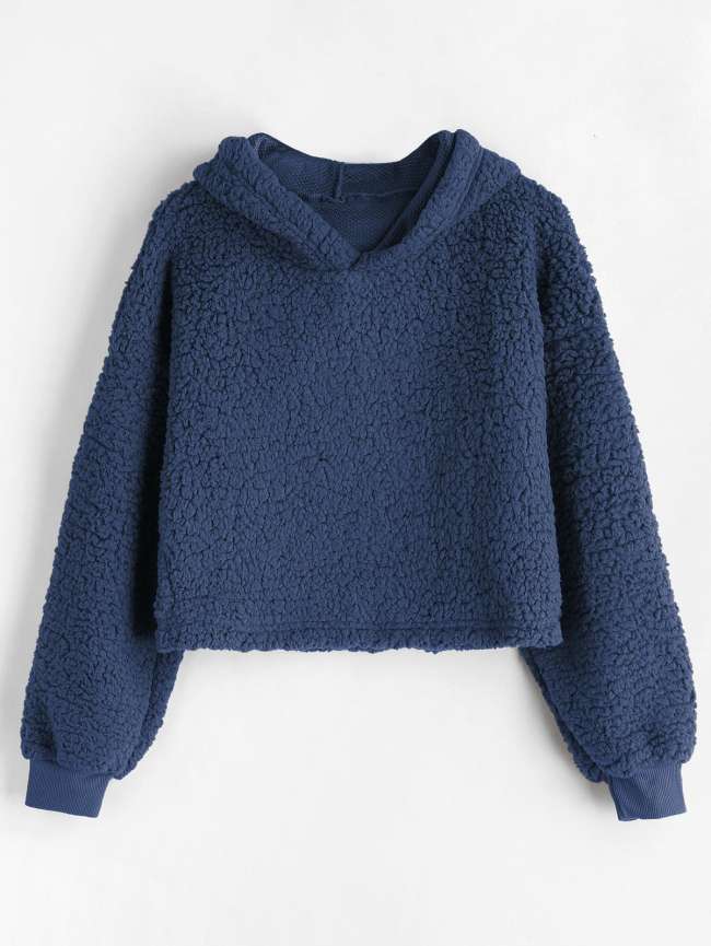 Drop Shoulder Fluffy Boxy Hoodie - Deep Blue