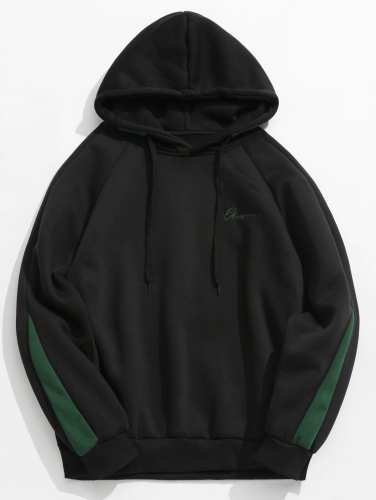 Contrast Letter Stripes Fleece Hoodie - Black