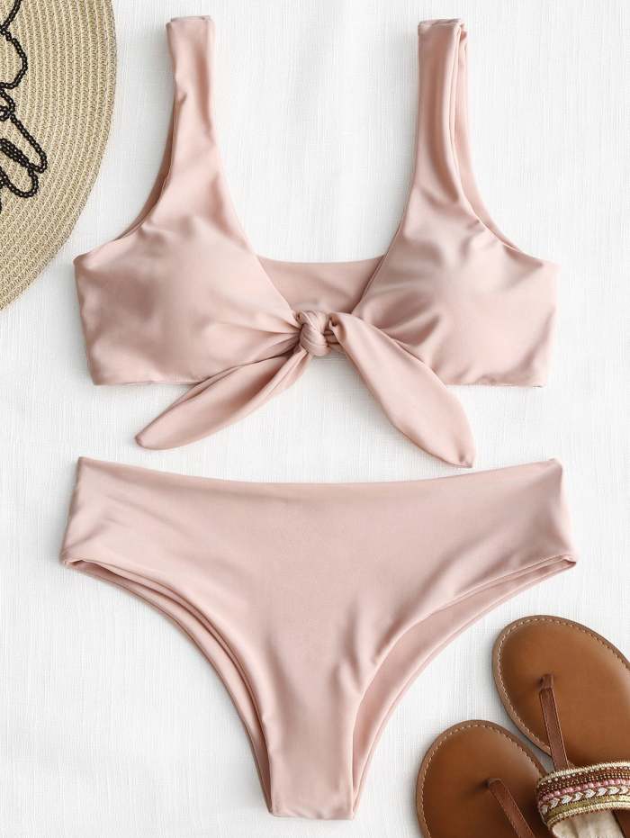 Front Knot Padded Bikini Set - Black