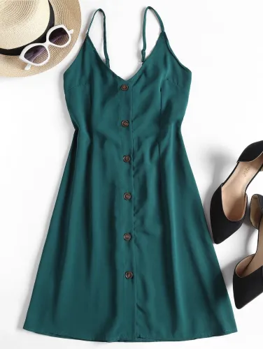 Contrast Button Front Cami Mini Dress - Peacock Blue