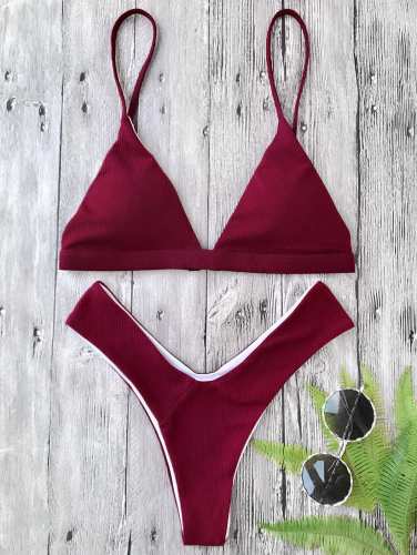 Plunge Padded Textured High Cut Bikini Set - Burgundy