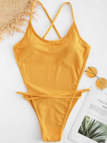 Cross Strap Knit Backless Swimsuit - Orange