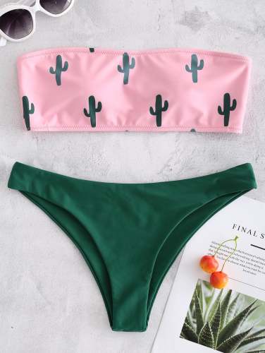 Cactus Print Bandeau Bikini - Hot Pink
