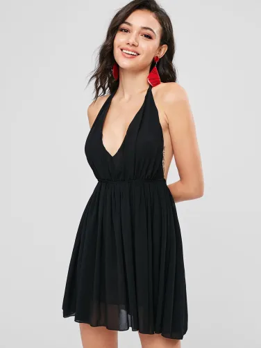 Halter Chiffon Mini Sun Dress - Black