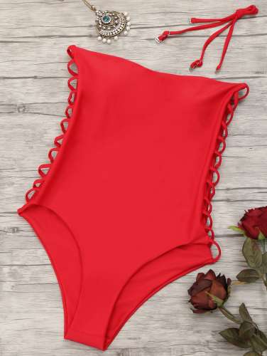 Ladder Cut Bandeau Swimwear - Red