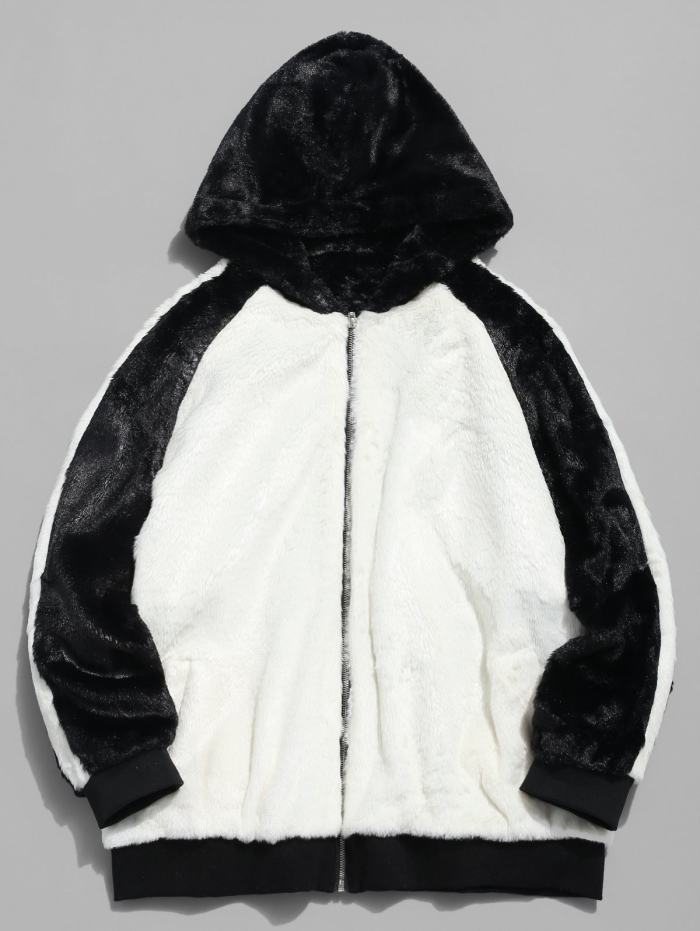 Hooded Faux Fur Color Block Coat - Black