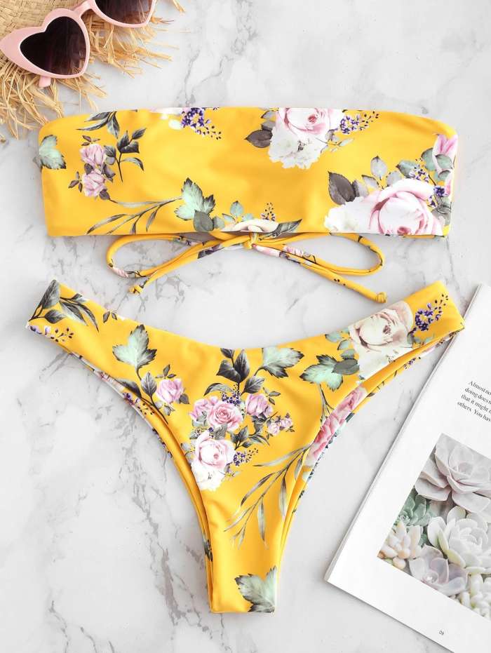 Floral Lace Up Bikini Set - Mauve