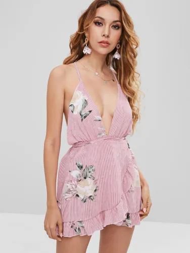 Floral Criss Cross Ruffles Mini Dress - Cherry Red