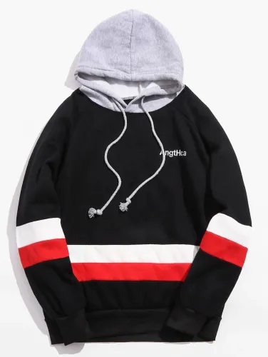 Contrast Embroidered Letter Fleece Hoodie - Black