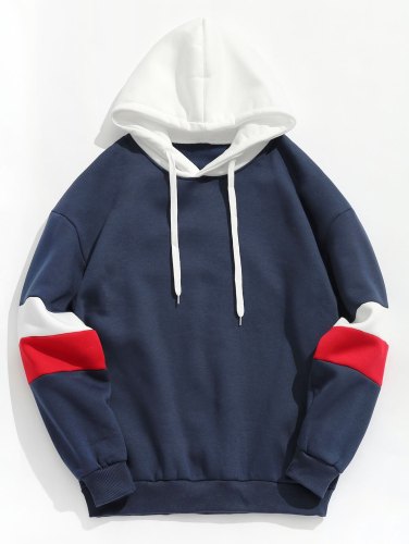 Contrast Stripe Fleece Hoodie - Deep Blue