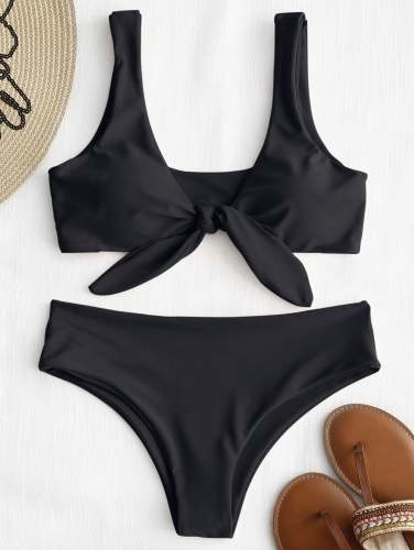 Front Knot Padded Bikini Set - Black