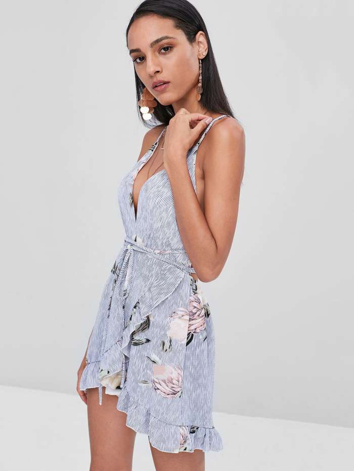 Floral Criss Cross Ruffles Mini Dress - Cherry Red