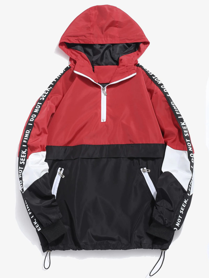Contrast Half Zip Letter Striped Hoodie - Blue