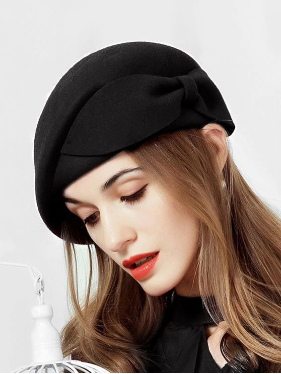 British Style Bowknot Woolen Beret - Black