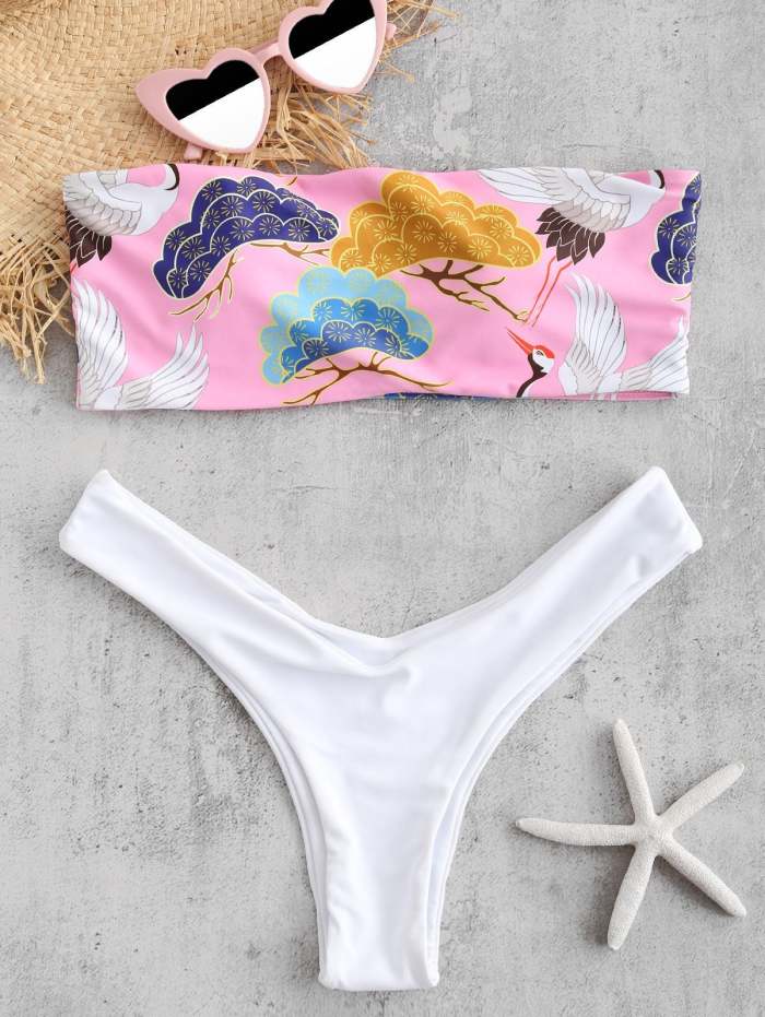 ZAFUL Birds Print Bandeau Bikini Set - Hazel Green