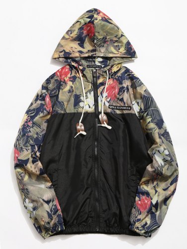 Floral Printed Patchwork Hooded Jacket - Black