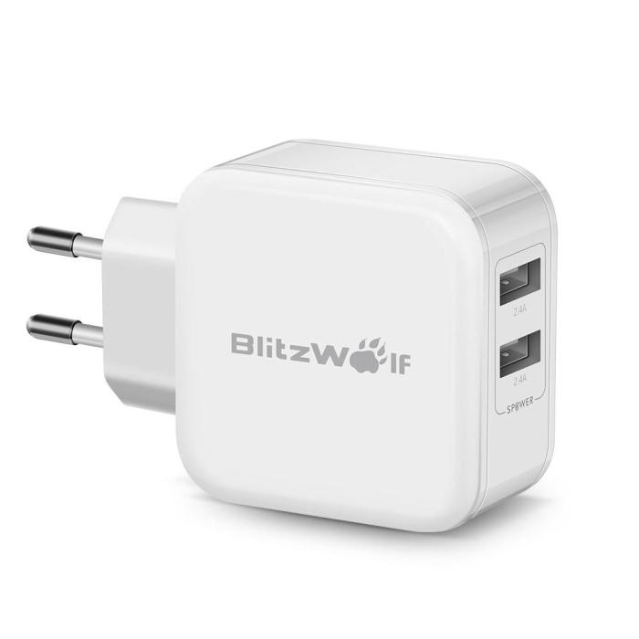 BlitzWolf® BW-S2 4.8A 24W Dual USB EU USB Charger With Power3S Tech for iphone 8Plus iphoneX Xiaomi - Black