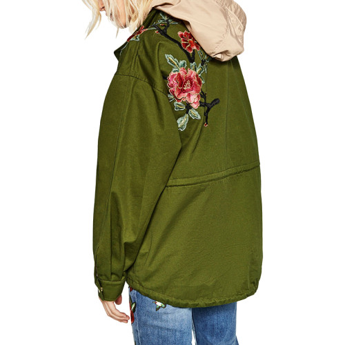 women army green floral embroidery bomber jacket patched rivet design loose flight jackets casual coat punk outwear capa CT1285