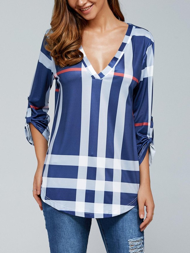 3/4 Sleeve V Neck Plaid Blouse