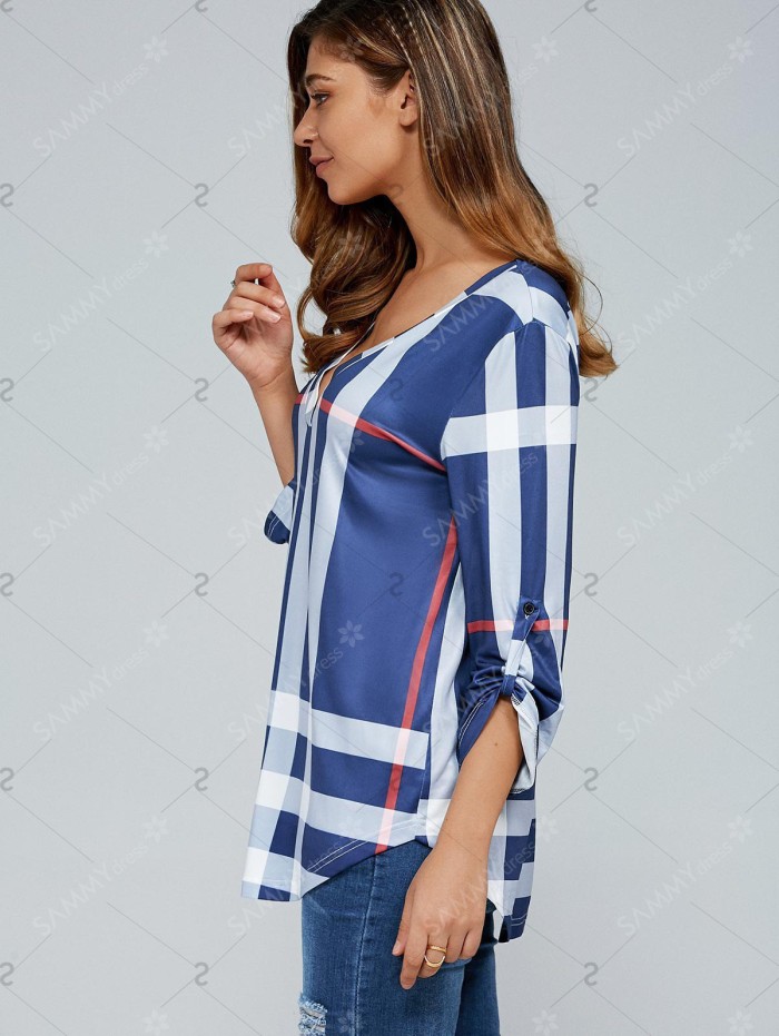 3/4 Sleeve V Neck Plaid Blouse