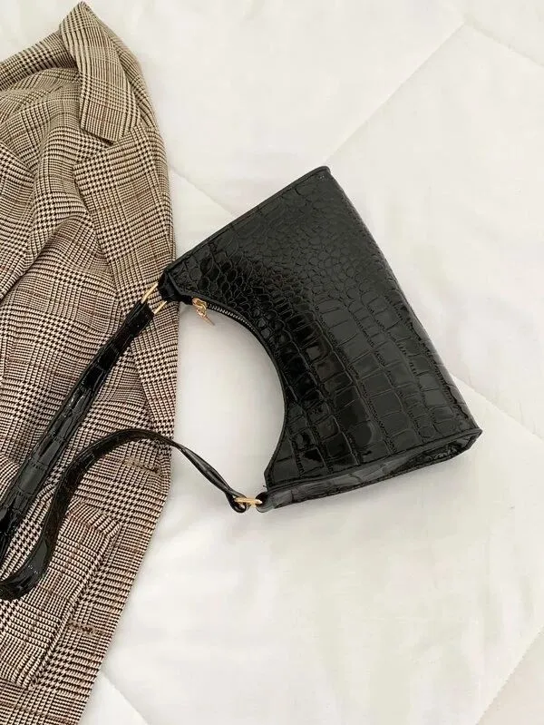 Minimalist Croc Embossed Baguette Bag
