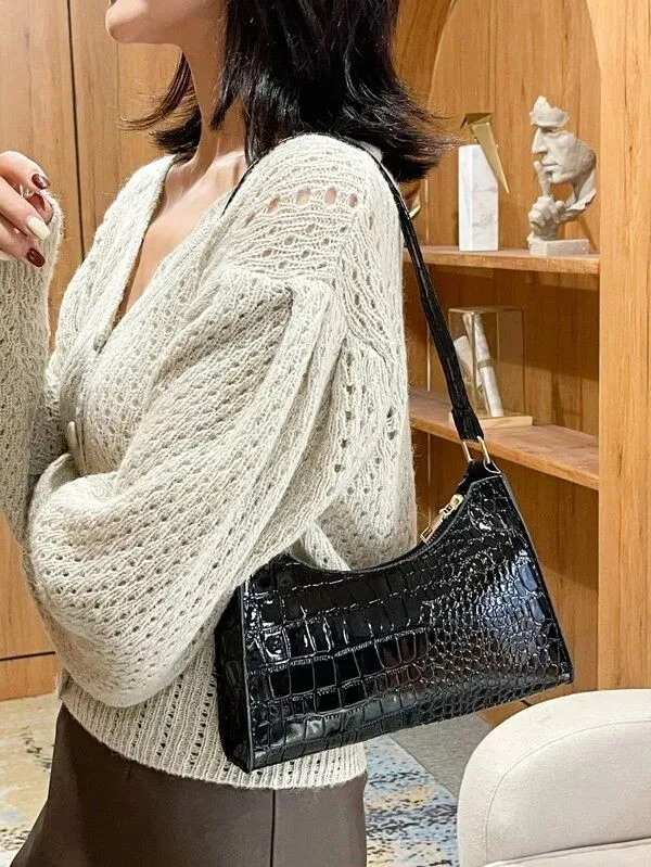 Minimalist Croc Embossed Baguette Bag