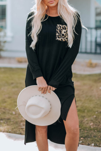 Black Leopard Patch Side Split Long Sleeve Midi Dress