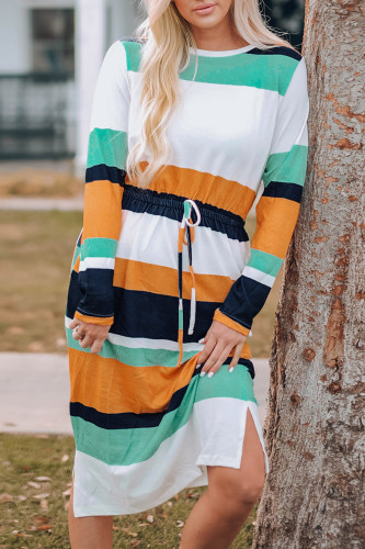 Green Multicolor Block Drawstring Waist Long Sleeve Midi Dress