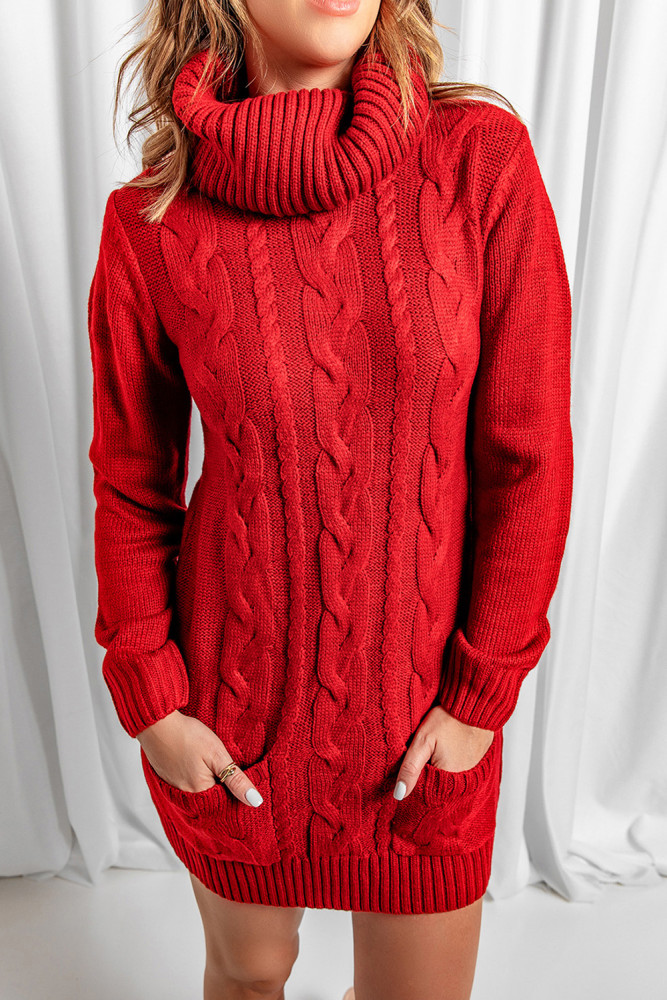 Red Cowl Neck Cable Knit Sweater Dress