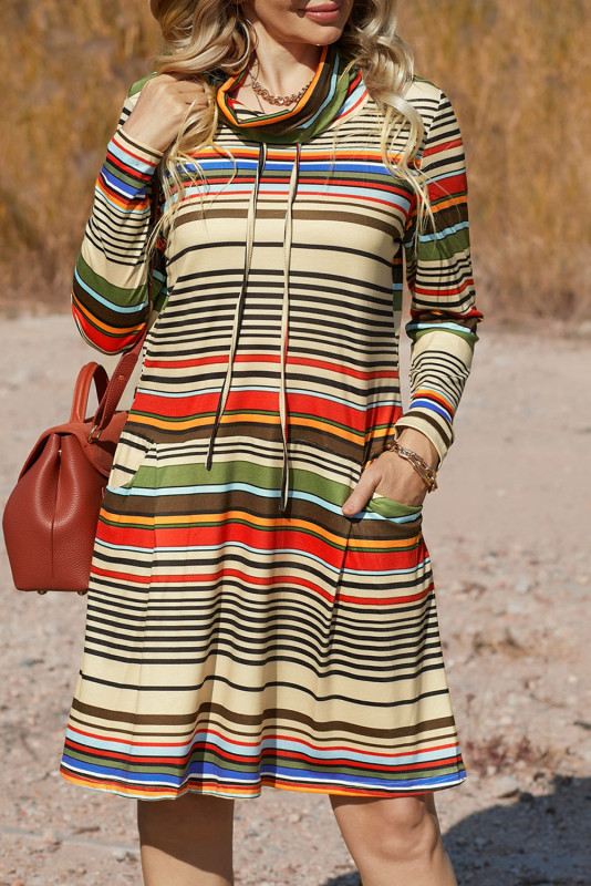 Striped Turtleneck Long Sleeve Shirt Mini Dress with Pocket
