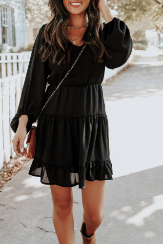 Black Tiered Ruffle Balloon Sleeve Mini Dress