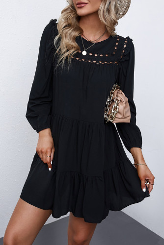 Black Crewneck Lantern Sleeve Hollow-Out Tiered Dress with Pocket