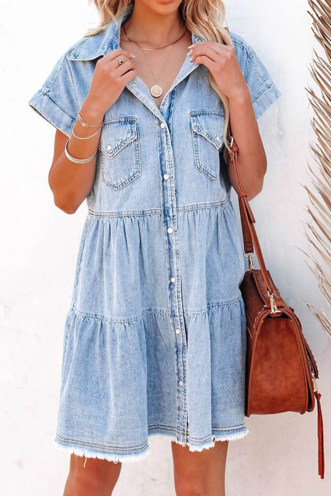 Buttoned Frayed Pocket Short Sleeve Denim Dress