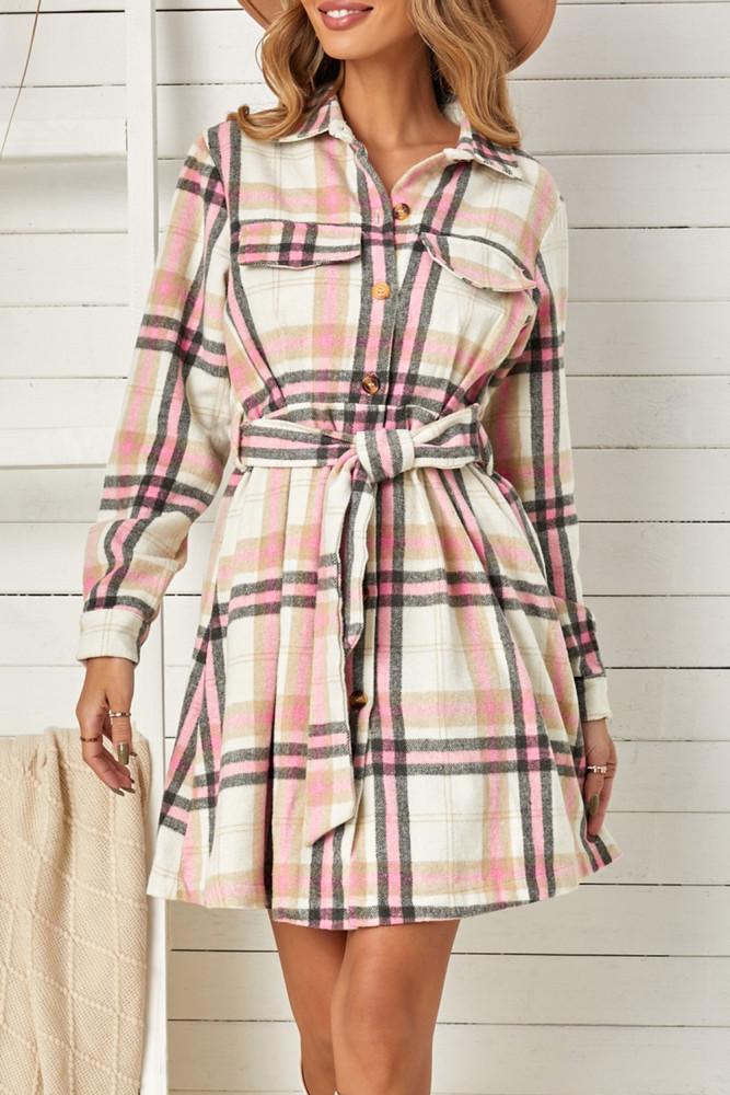 Pink Plaid Button Pocket Shirt Mini Dress